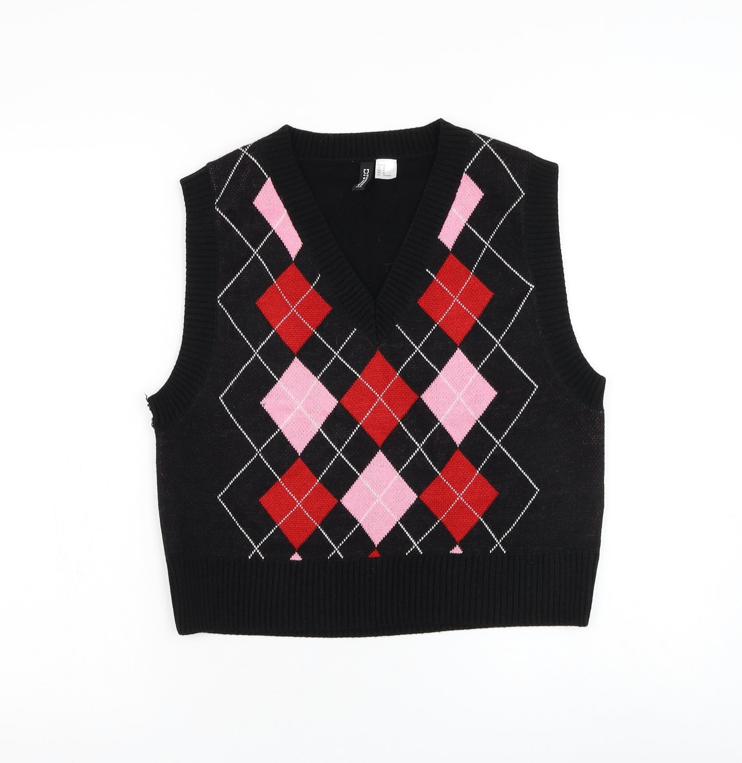 Divided by H&M Womens Black V-Neck Argyle/Diamond Acrylic Vest Jumper Size M