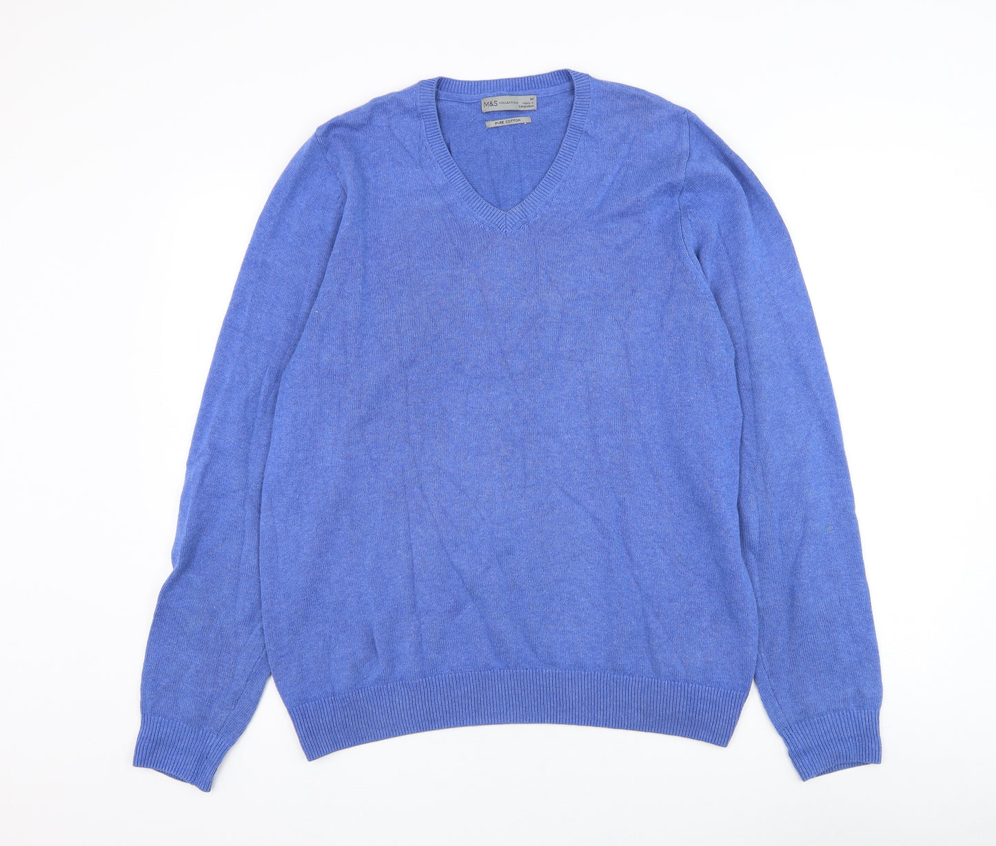 Marks and Spencer Mens Blue V-Neck Polyester Pullover Jumper Size M