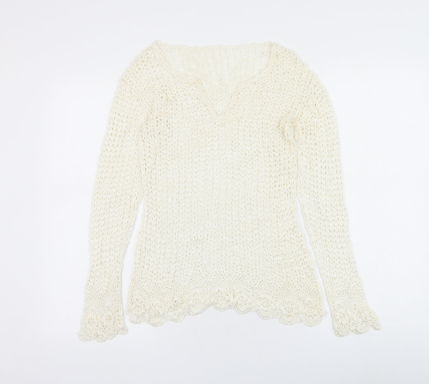 Preworn Womens White V-Neck Polyester Pullover Jumper Size S