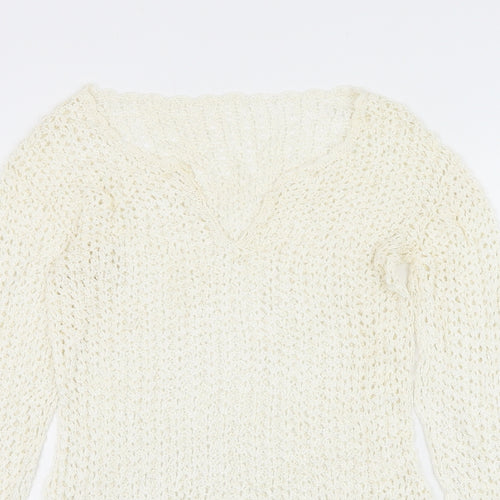 Preworn Womens White V-Neck Polyester Pullover Jumper Size S