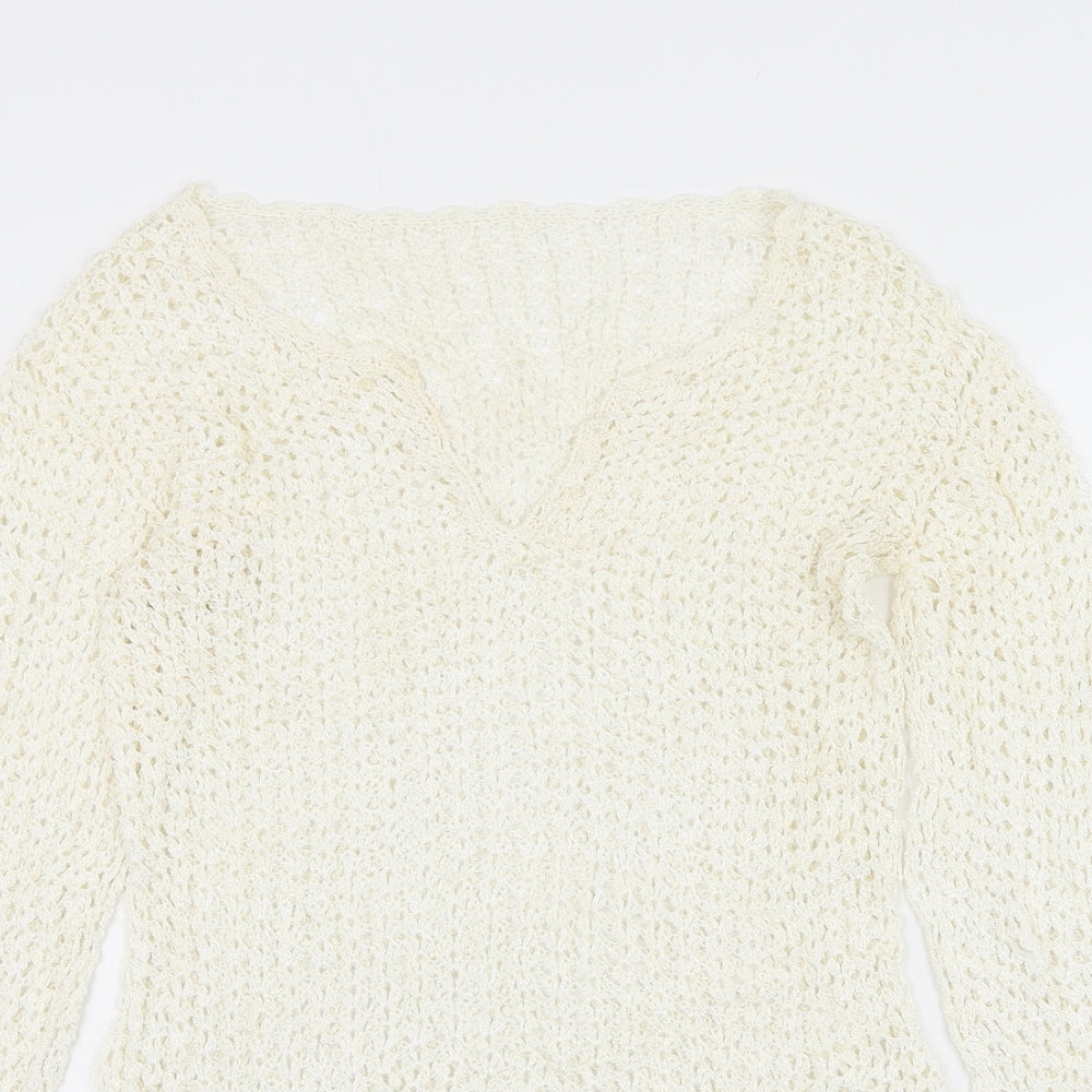 Preworn Womens White V-Neck Polyester Pullover Jumper Size S