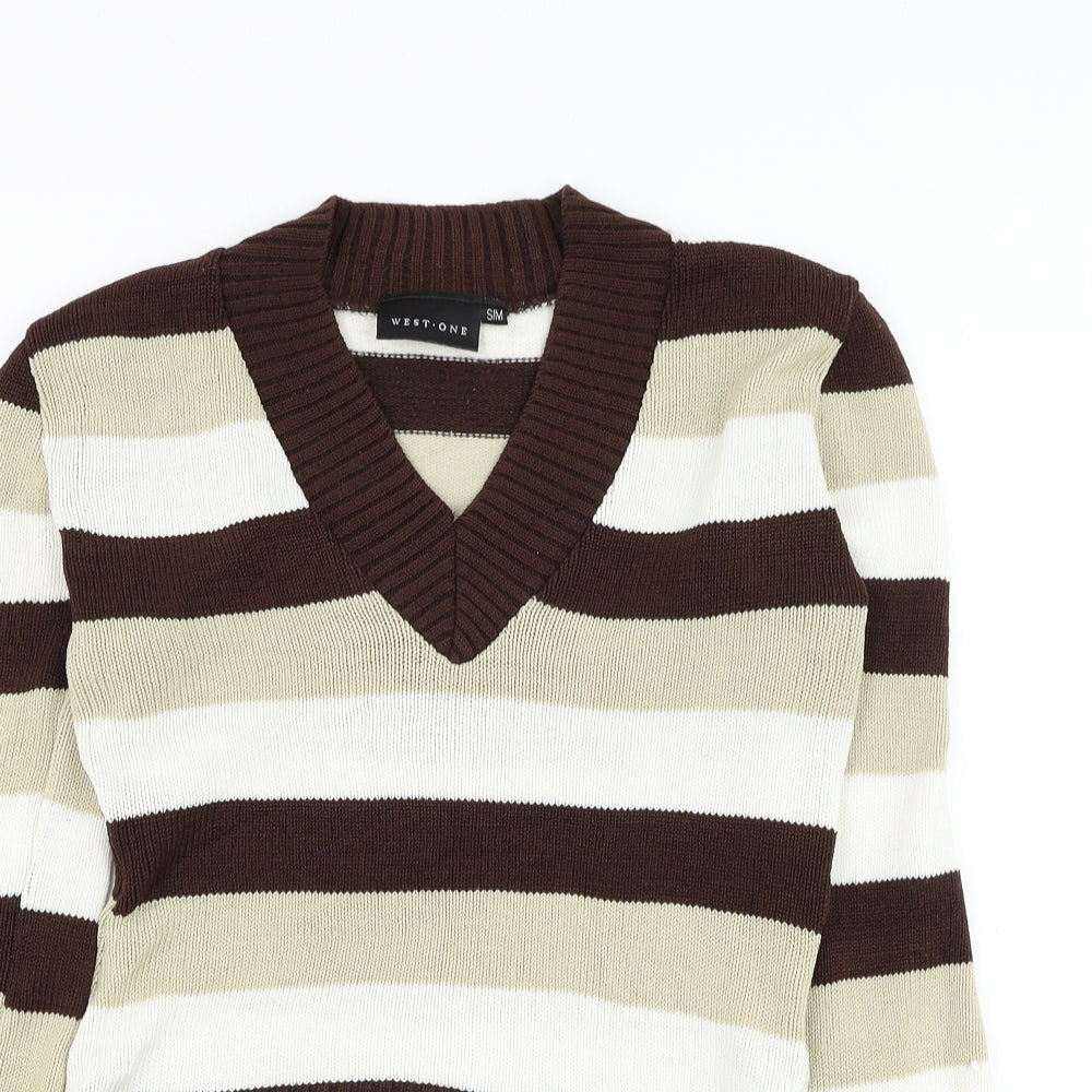 West One Womens Brown V-Neck Striped Acrylic Pullover Jumper Size S