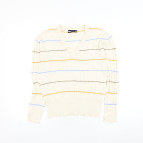 Marks and Spencer Womens Ivory V-Neck Striped Viscose Pullover Jumper Size S