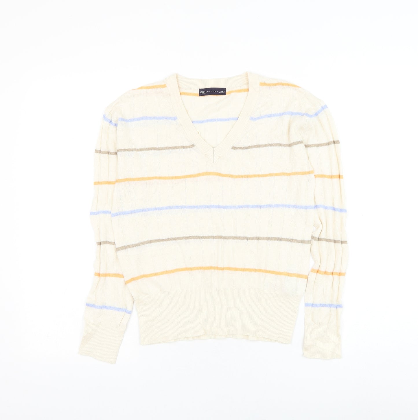 Marks and Spencer Womens Ivory V-Neck Striped Viscose Pullover Jumper Size S