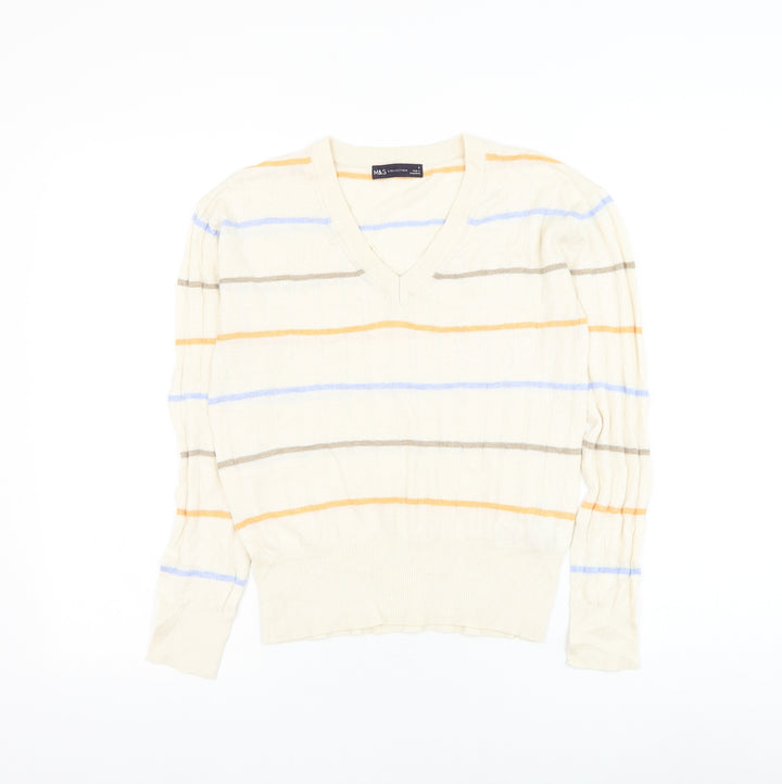 Marks & Spencer Womens Ivory V-Neck Striped Viscose Pullover Jumper Size S