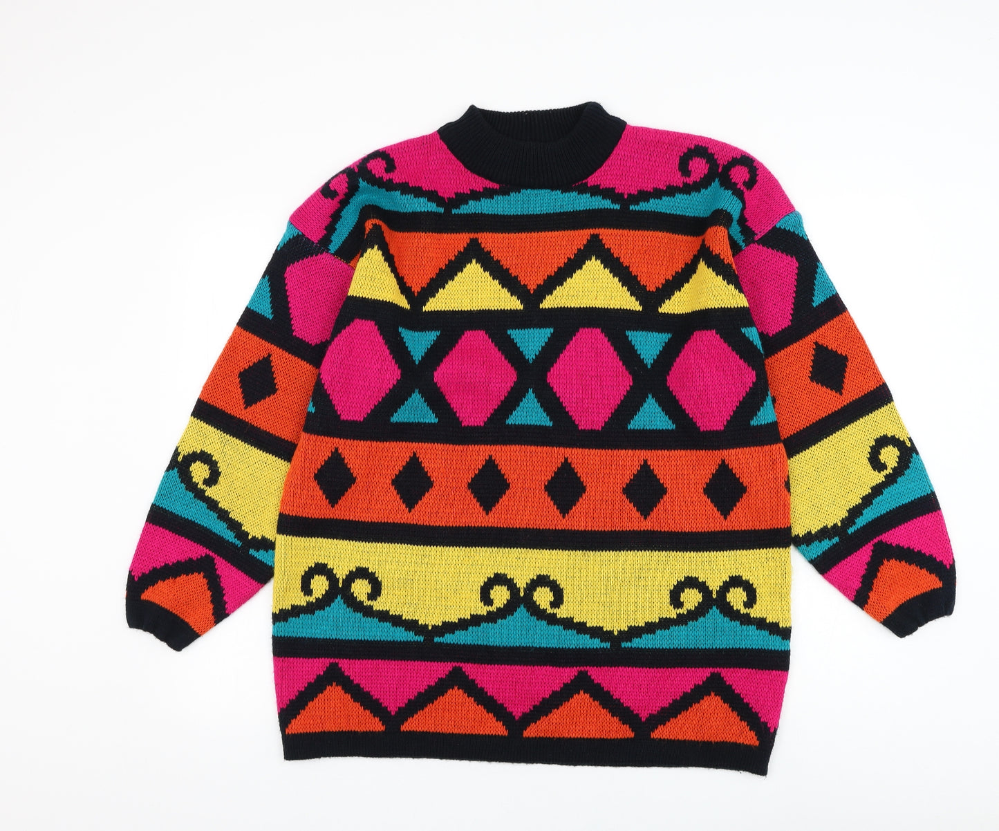 Essentials Womens Multicoloured Round Neck Geometric Acrylic Pullover Jumper Size M