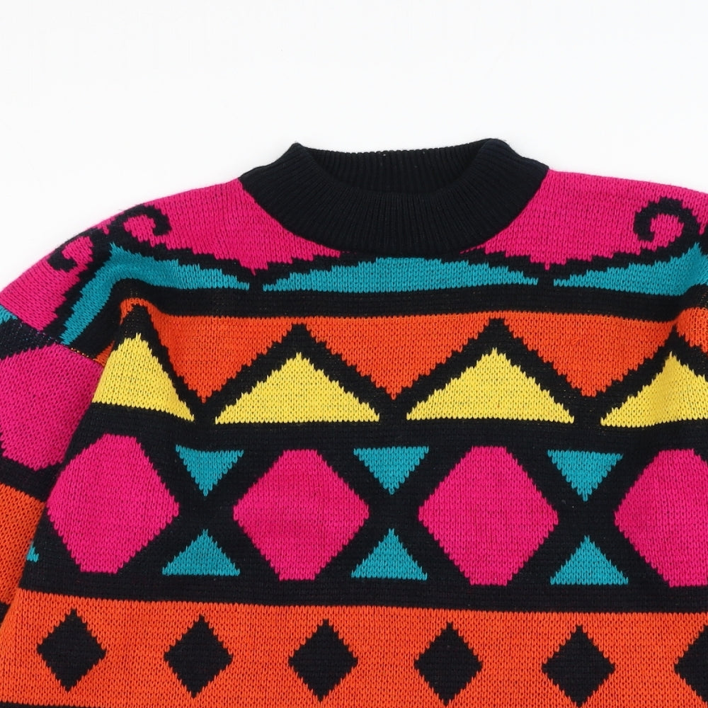 Essentials Womens Multicoloured Round Neck Geometric Acrylic Pullover Jumper Size M