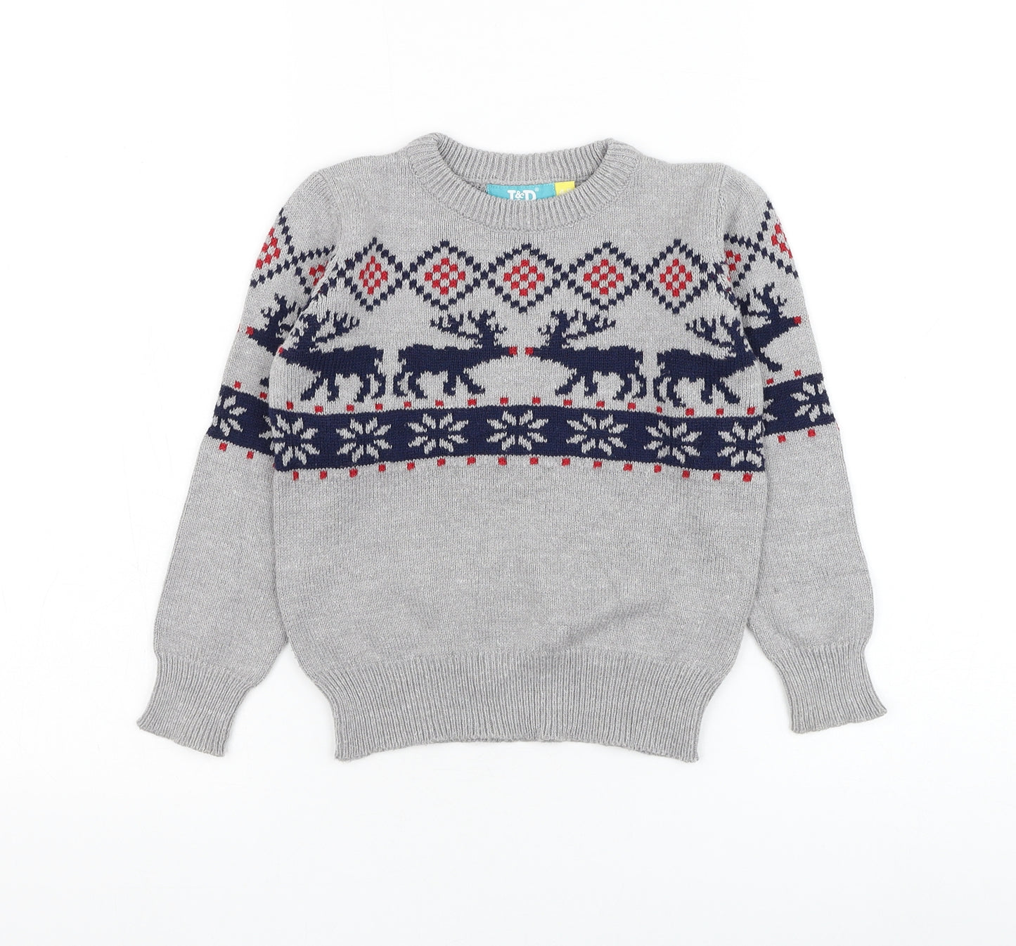 L & D Boys Grey Round Neck Fair Isle Cotton Pullover Jumper Size 4-5 Years Pullover - Christmas, Reindeer