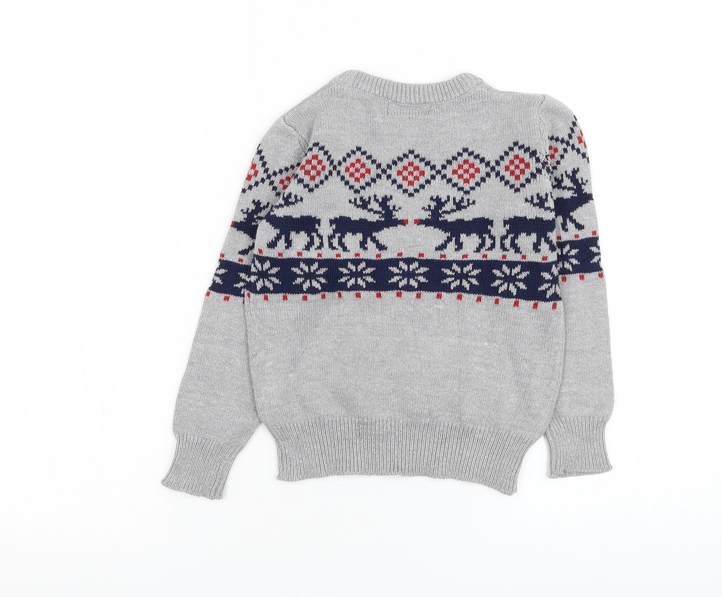 L & D Boys Grey Round Neck Fair Isle Cotton Pullover Jumper Size 4-5 Years Pullover - Christmas, Reindeer