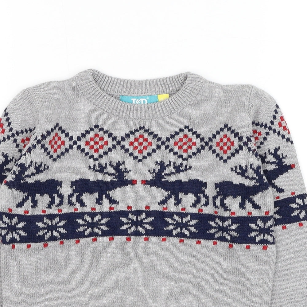 L & D Boys Grey Round Neck Fair Isle Cotton Pullover Jumper Size 4-5 Years Pullover - Christmas, Reindeer