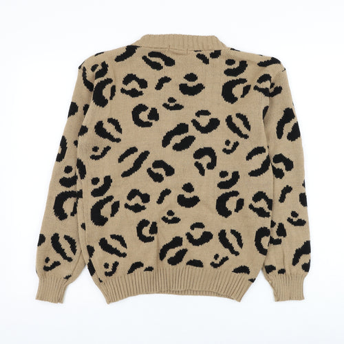 Preworn Womens Brown Round Neck Animal Print Acrylic Pullover Jumper Size S