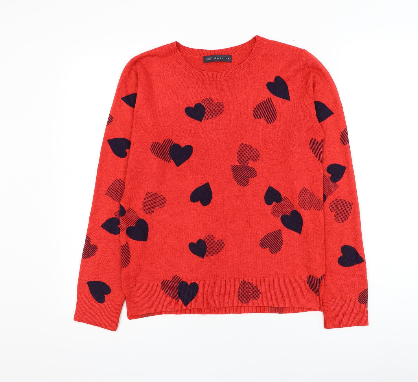 Marks and Spencer Womens Red Round Neck Acrylic Pullover Jumper Size 10 - Heart