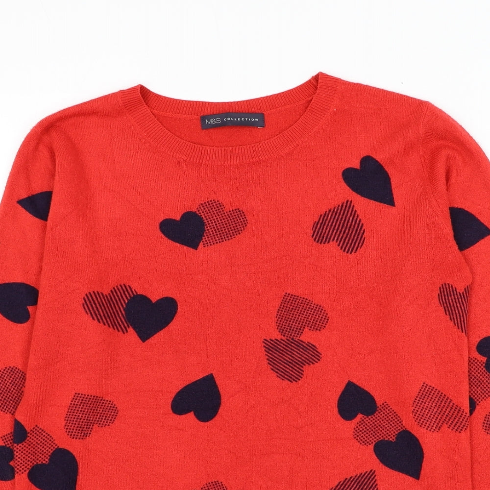 Marks and Spencer Womens Red Round Neck Acrylic Pullover Jumper Size 10 - Heart