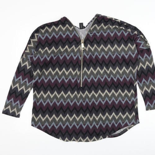Izabel London Womens Blue V-Neck Geometric Polyester Pullover Jumper Size 8