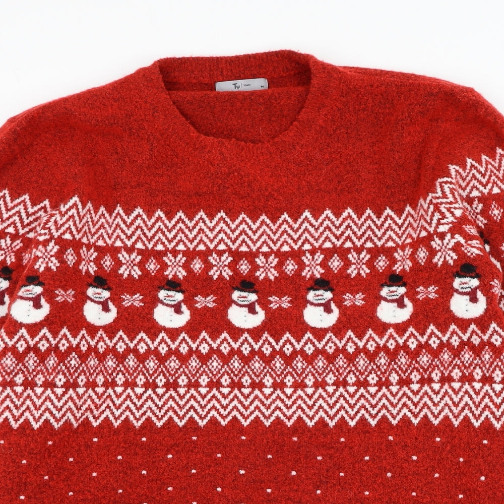 TU Mens Red Round Neck Fair Isle Acrylic Pullover Jumper Size M - Christmas