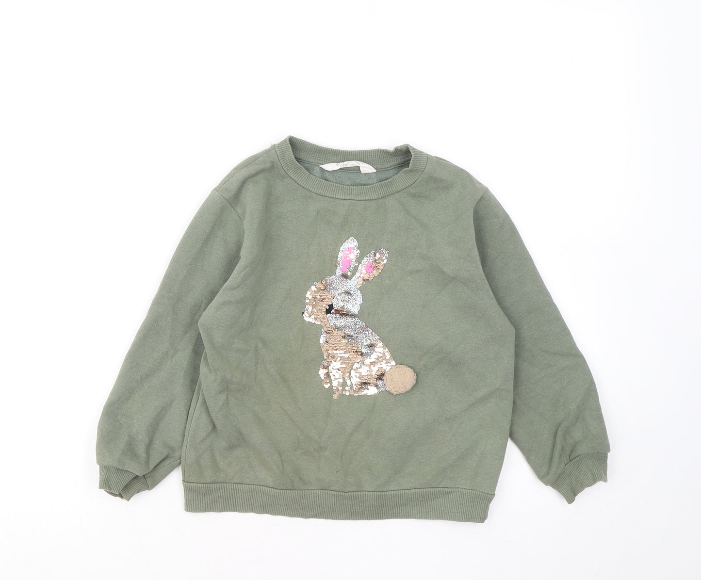H&M Girls Green Cotton Pullover Sweatshirt Size 4-5 Years - Rabbit