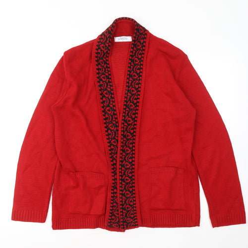 Classic Womens Red V-Neck Acrylic Cardigan Jumper Size L