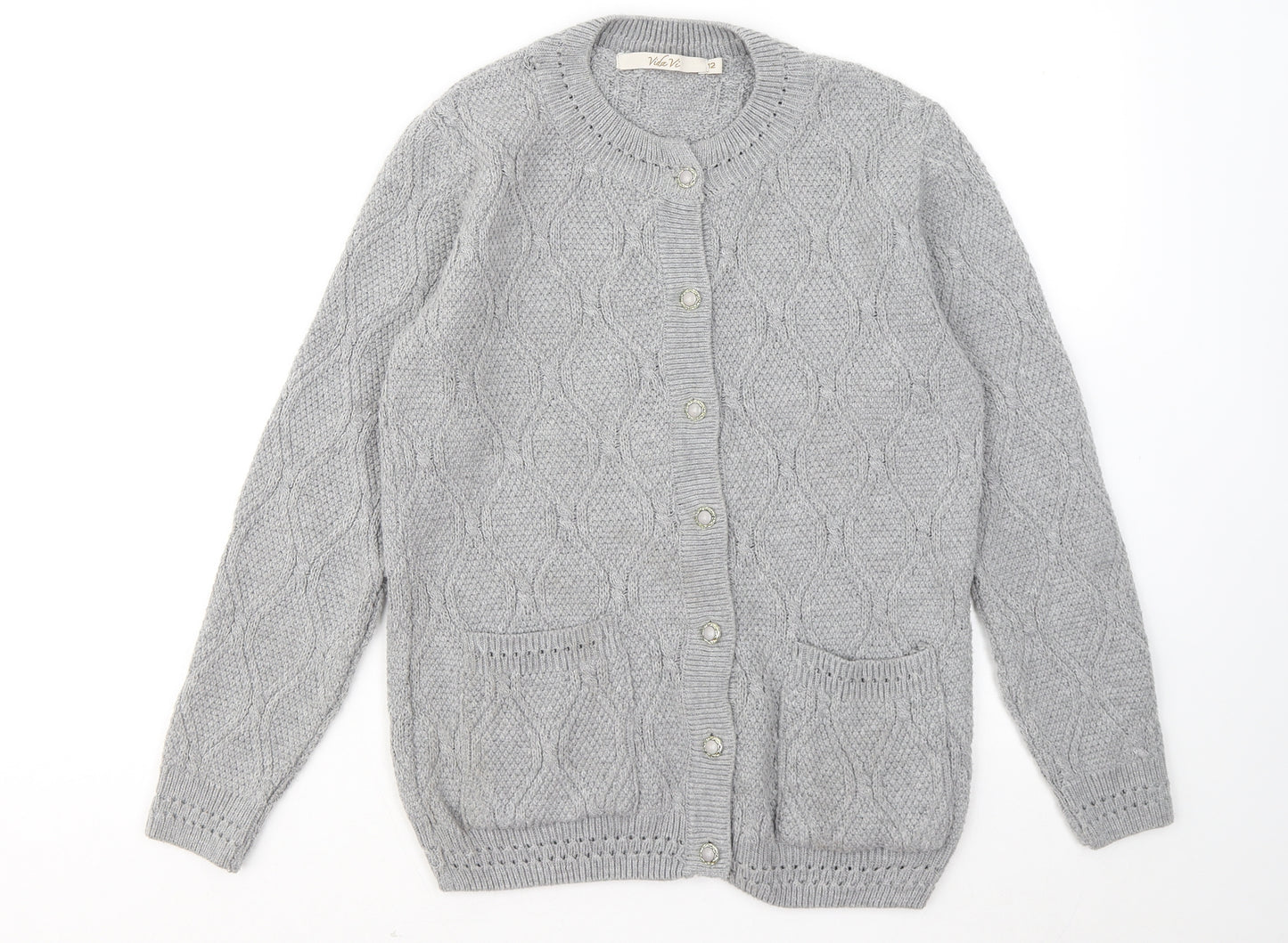 Vida Vi Womens Grey Round Neck Polyester Cardigan Jumper Size 12