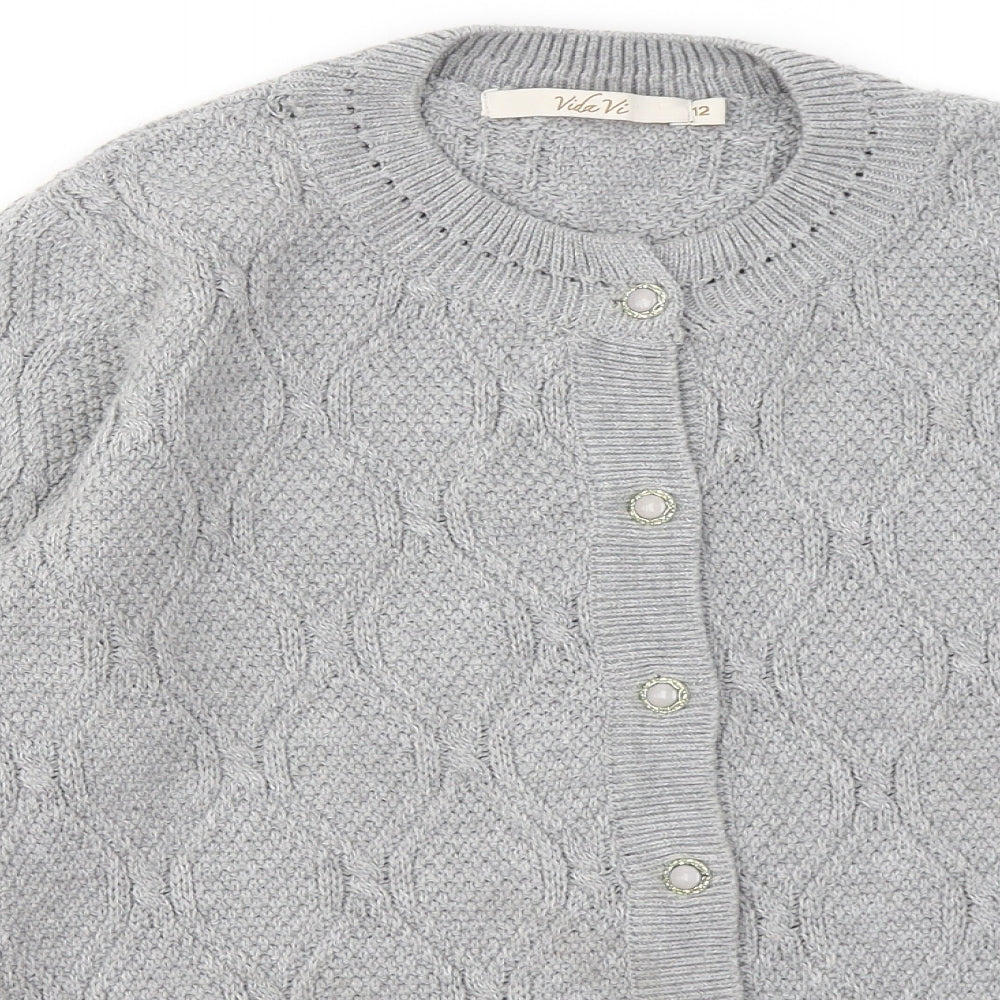 Vida Vi Womens Grey Round Neck Polyester Cardigan Jumper Size 12