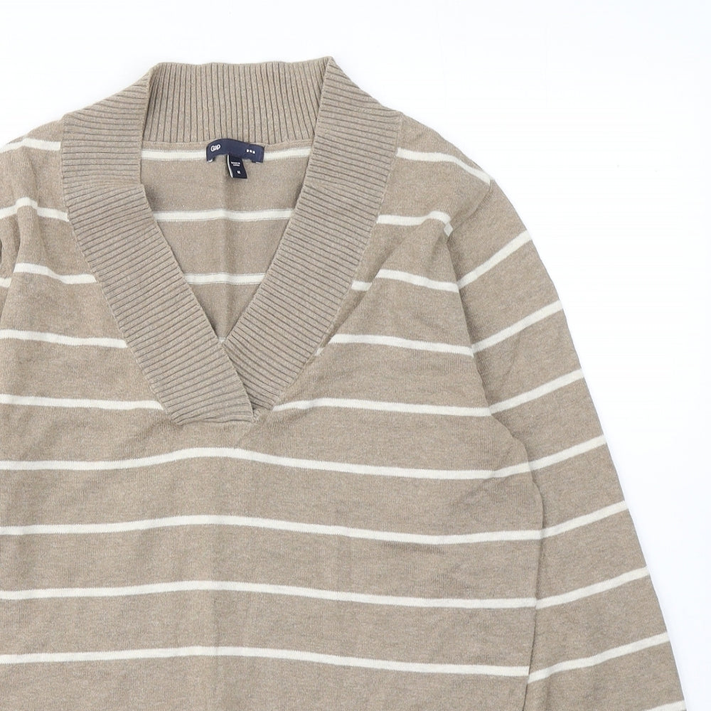Gap Womens Brown V-Neck Striped Cotton Pullover Jumper Size M
