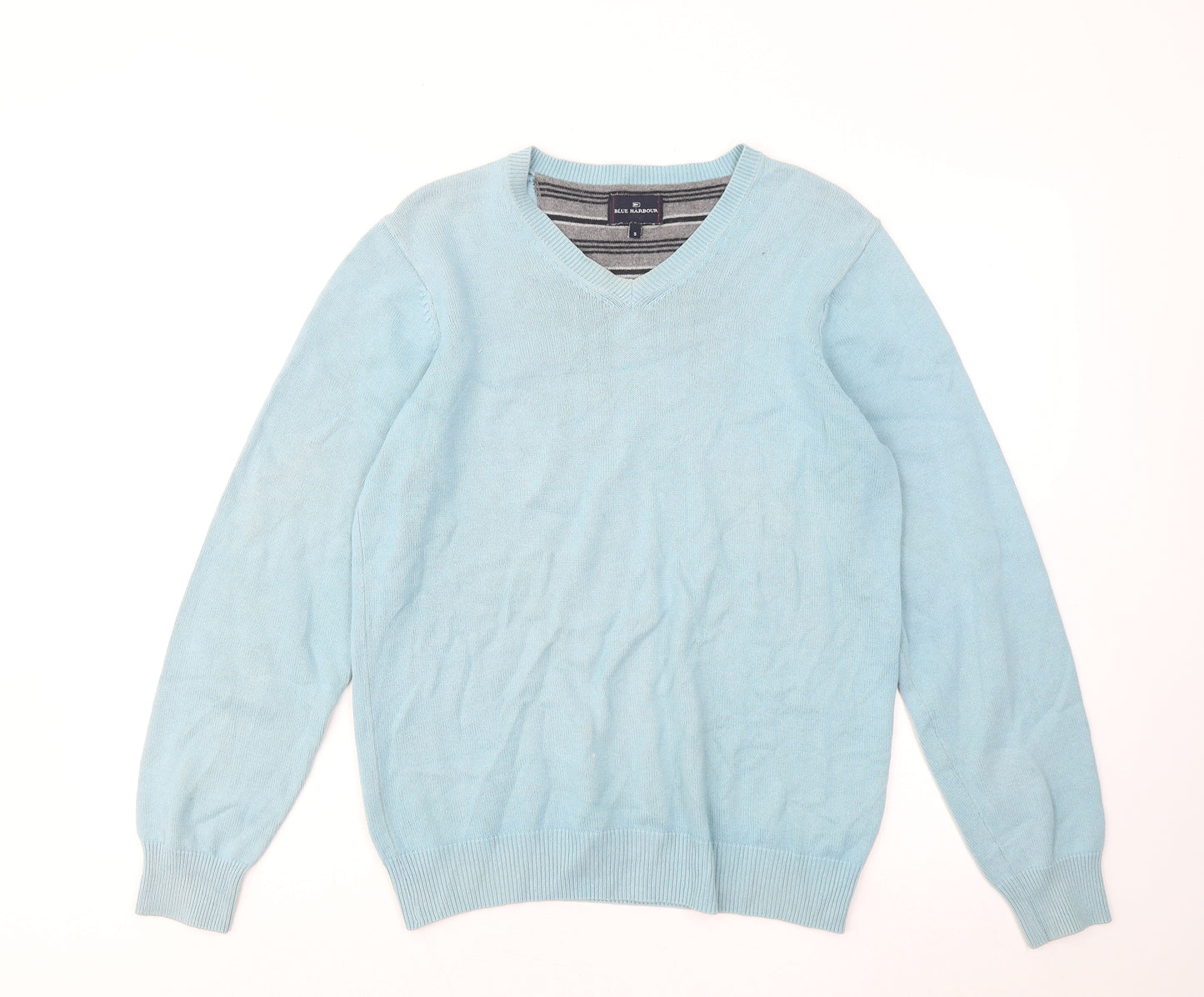 Marks and Spencer Mens Blue V-Neck Cotton Pullover Jumper Size S