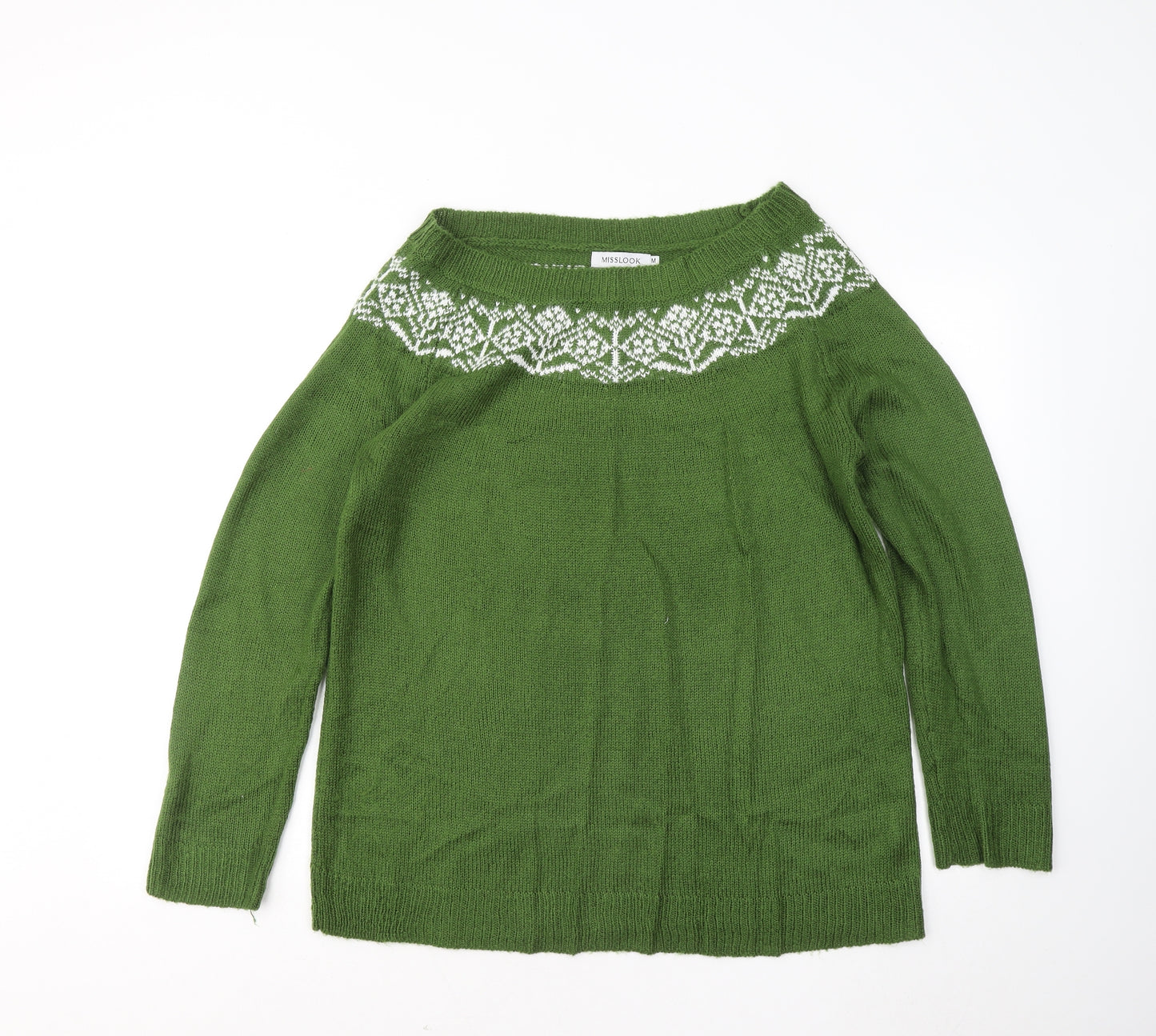 MissLook Womens Green Round Neck Geometric Acrylic Pullover Jumper Size M
