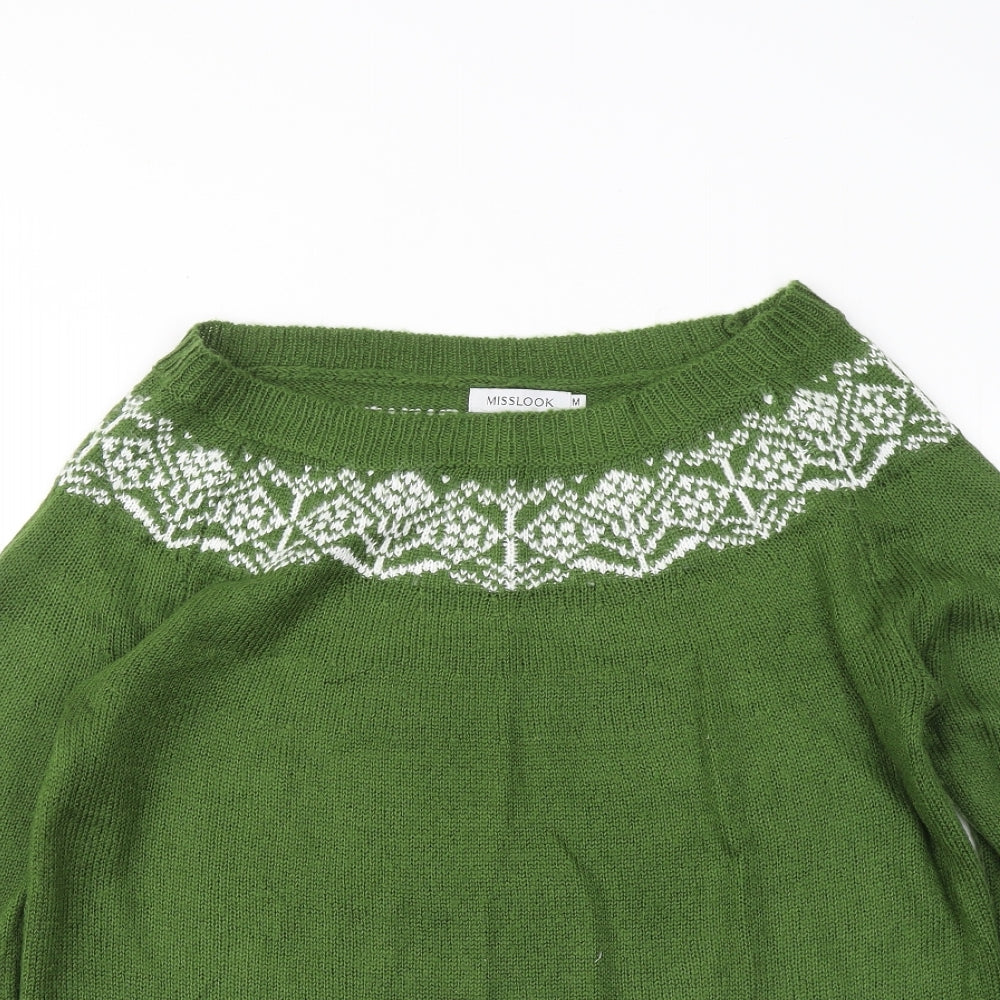 MissLook Womens Green Round Neck Geometric Acrylic Pullover Jumper Size M