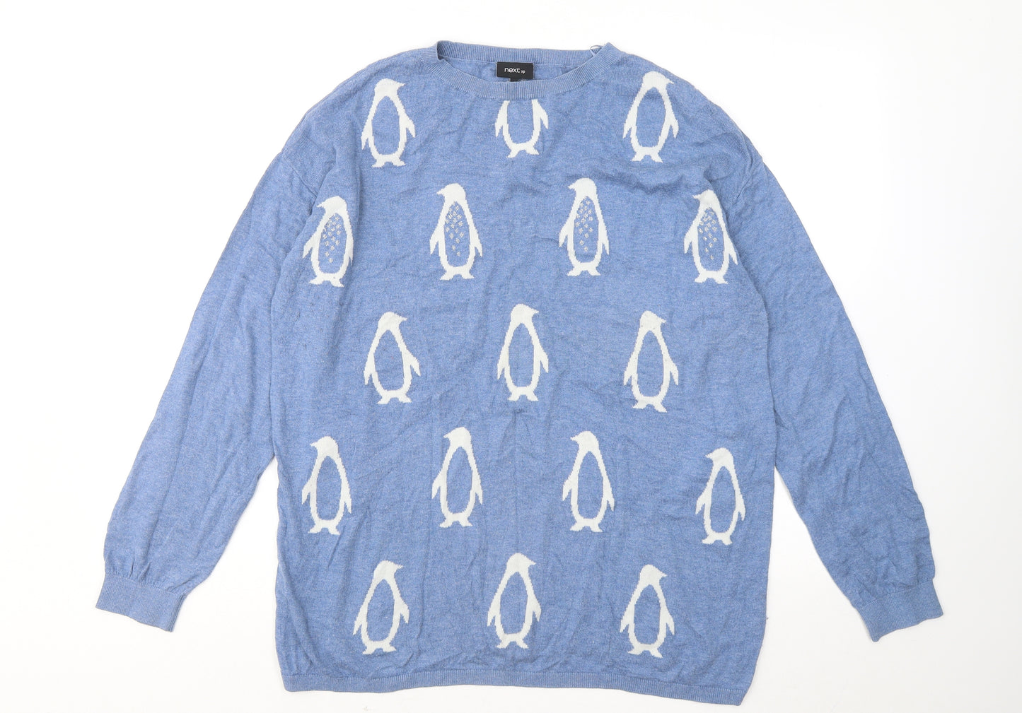 NEXT Womens Blue Round Neck Geometric Cotton Pullover Jumper Size 18 - Penguins