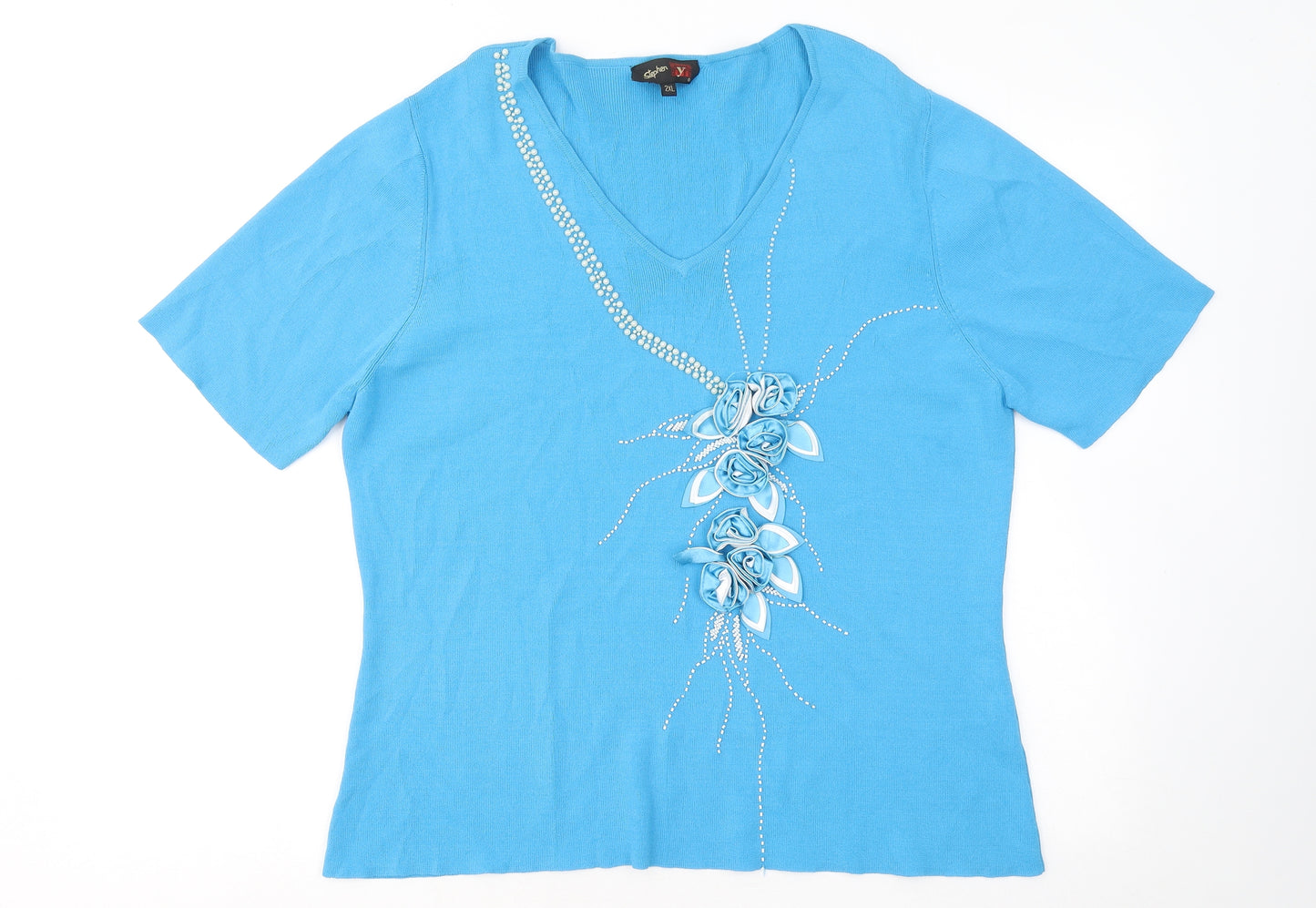 Stephen Y Womens Blue V-Neck Rayon Pullover Jumper Size 2XL - Flowers