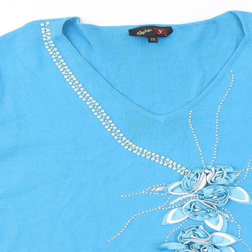 Stephen Y Womens Blue V-Neck Rayon Pullover Jumper Size 2XL - Flowers
