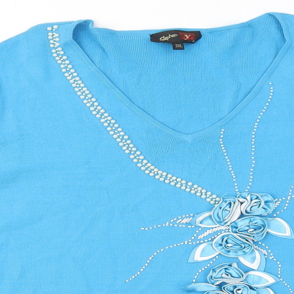 Stephen Y Womens Blue V-Neck Rayon Pullover Jumper Size 2XL - Flowers