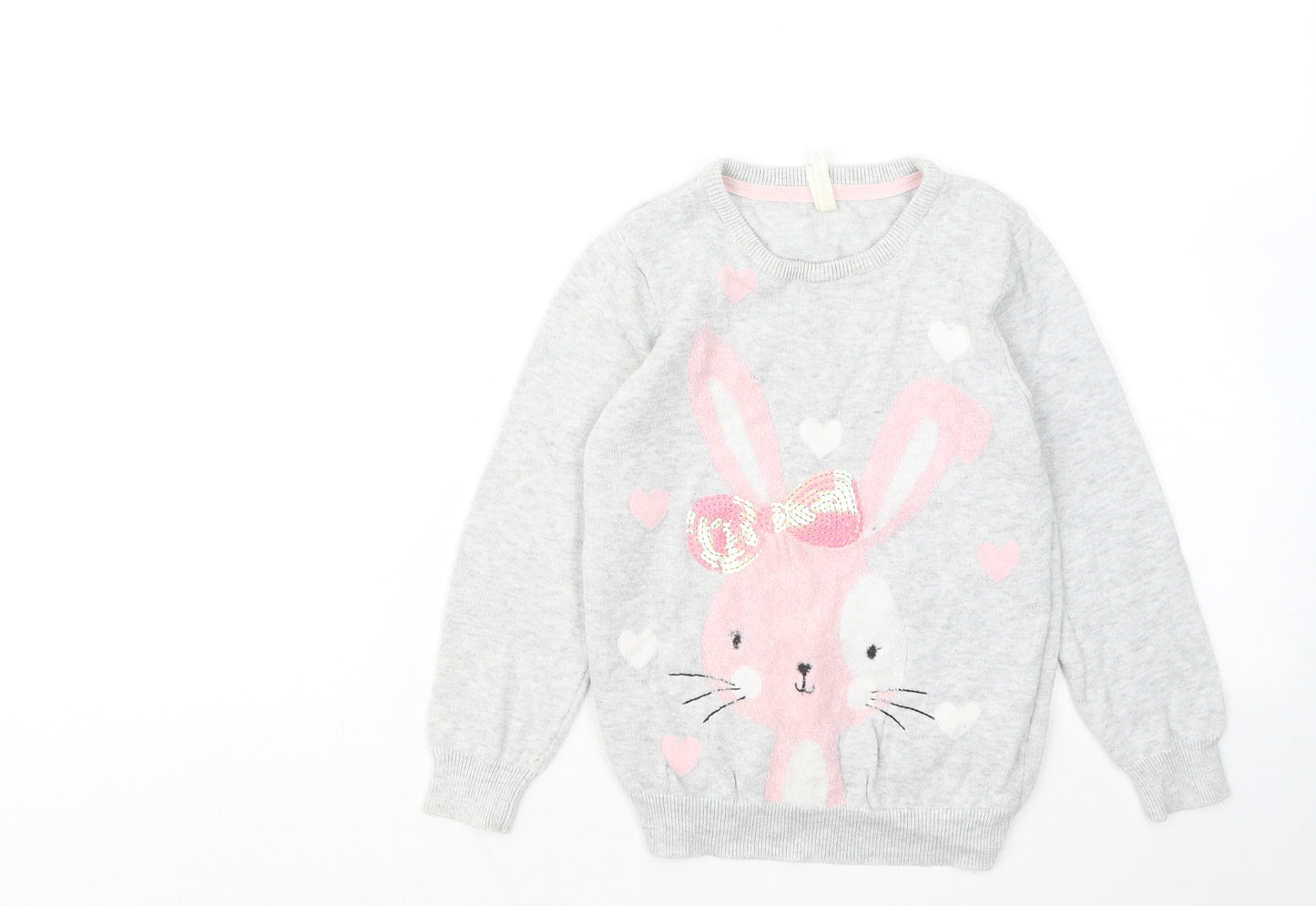 Young Dimension Girls Grey Round Neck Cotton Pullover Jumper Size 5-6 Years - Rabbit