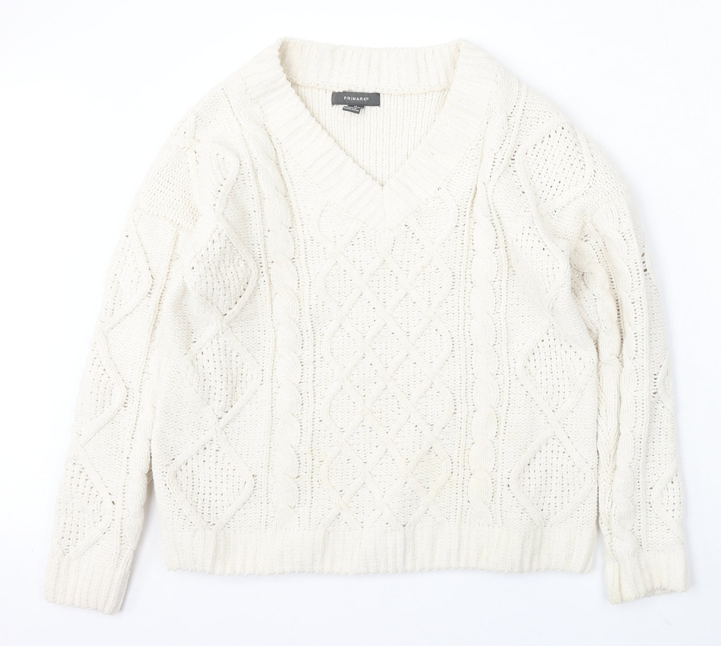 Primark Womens Ivory V-Neck Polyester Pullover Jumper Size 12