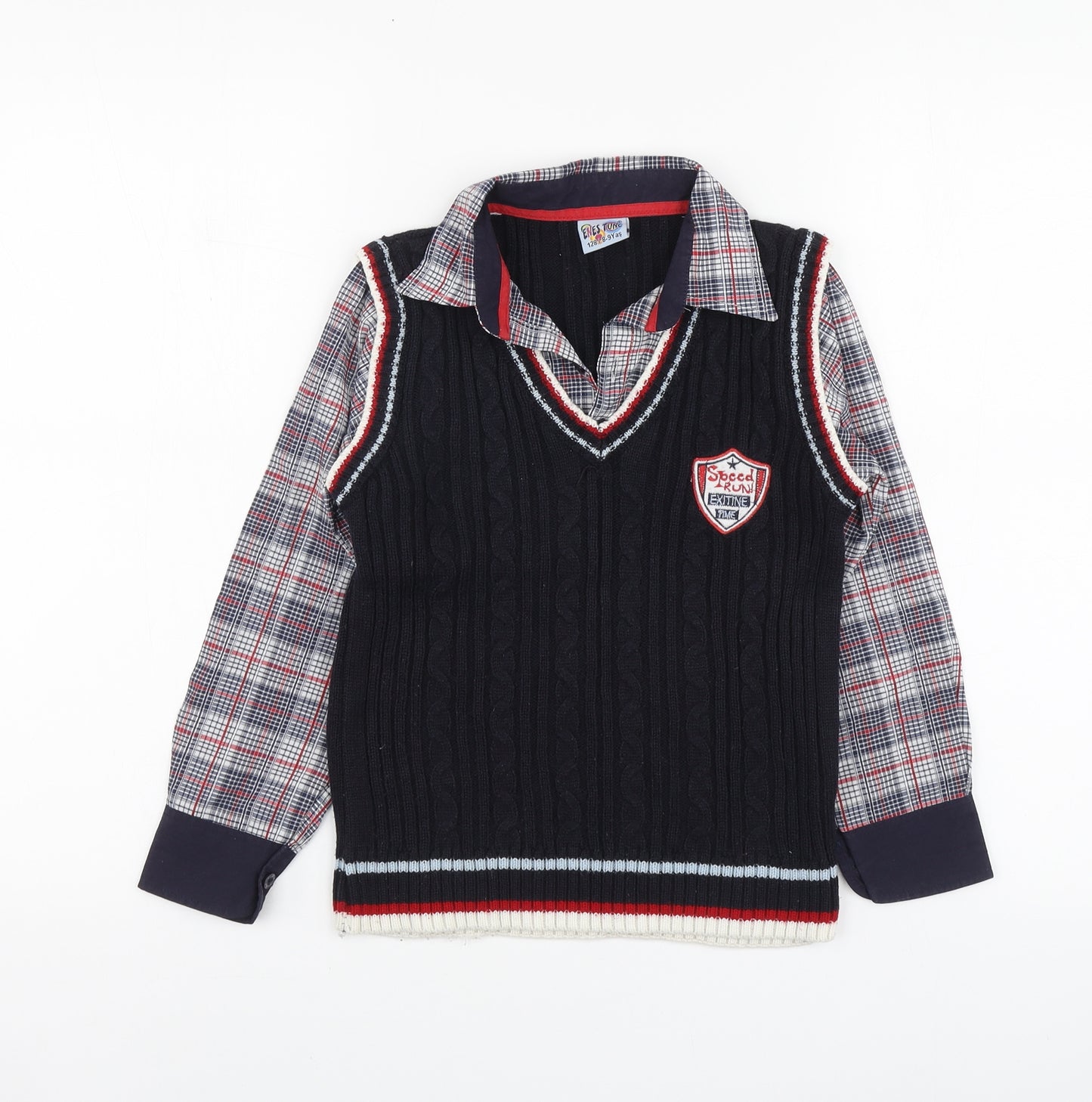 Enes Tunc Boys Blue Collared Plaid Acrylic Pullover Jumper Size 8-9 Years