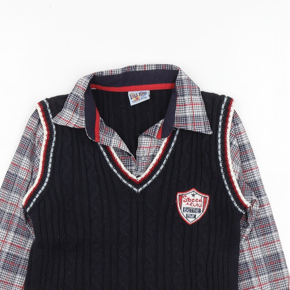 Enes Tunc Boys Blue Collared Plaid Acrylic Pullover Jumper Size 8-9 Years