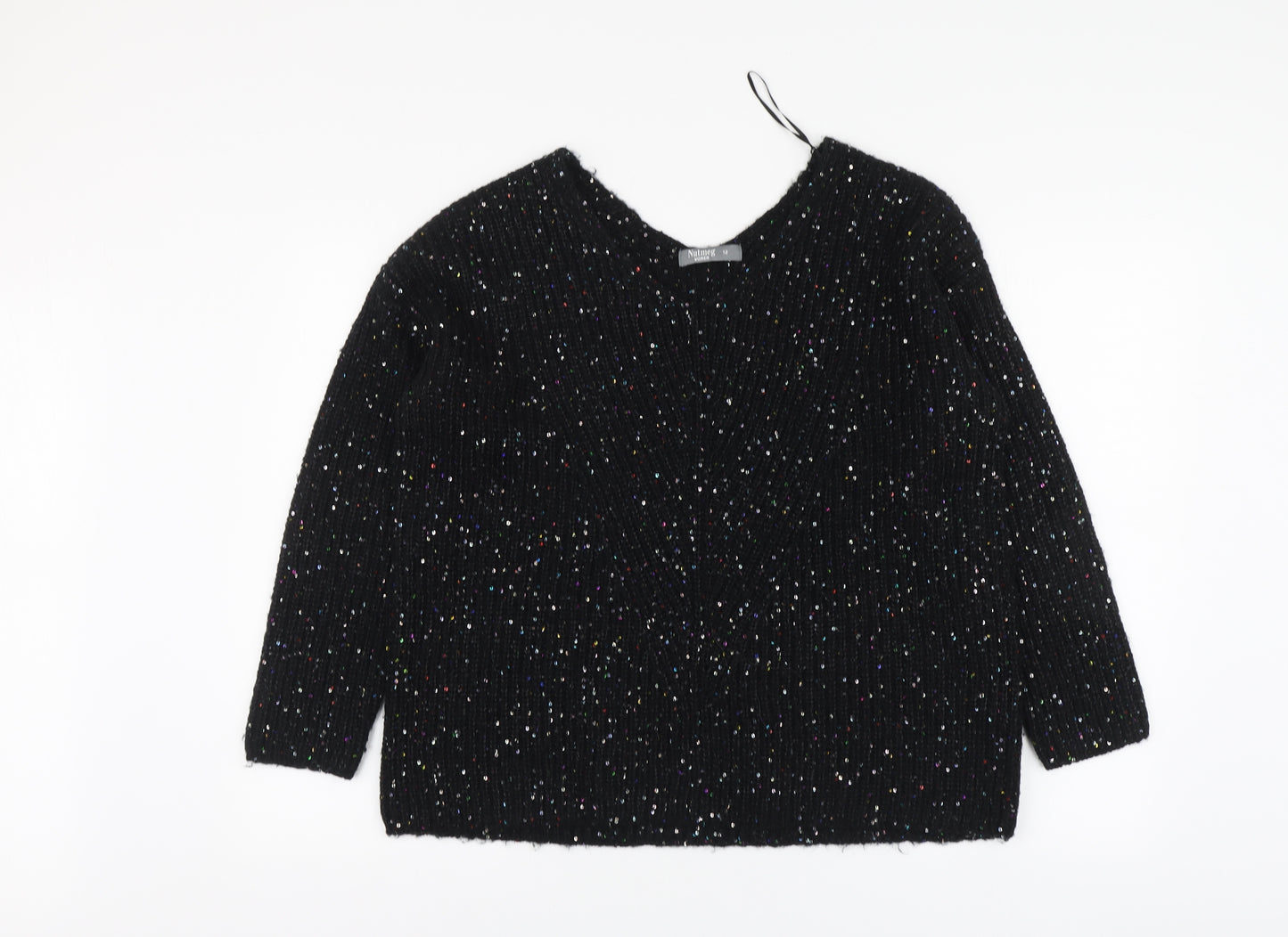 Nutmeg Womens Black V-Neck Acrylic Pullover Jumper Size 12