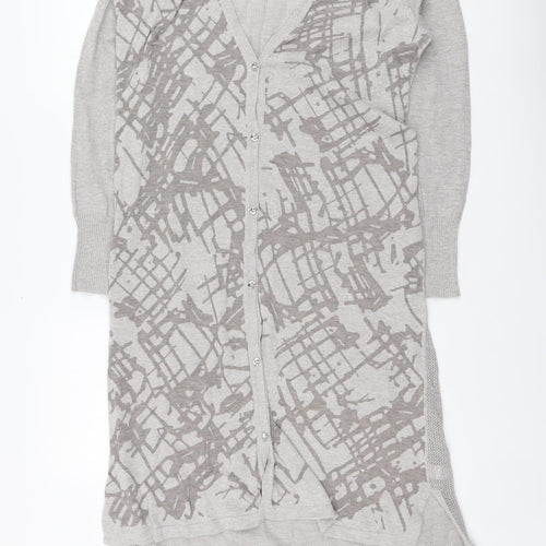 H by Halston Womens Grey V-Neck Geometric Cotton Cardigan Jumper Size L