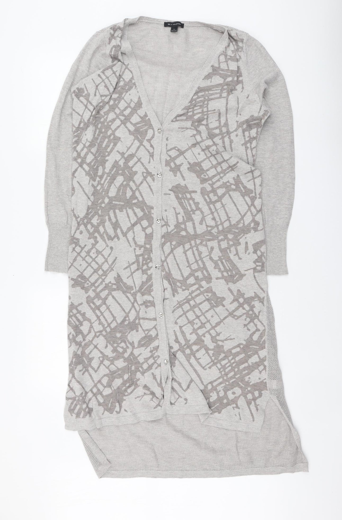H by Halston Womens Grey V-Neck Geometric Cotton Cardigan Jumper Size L