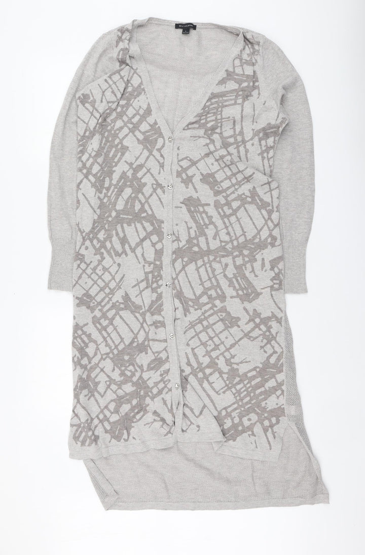 H by Halston Womens Grey V-Neck Geometric Cotton Cardigan Jumper Size L