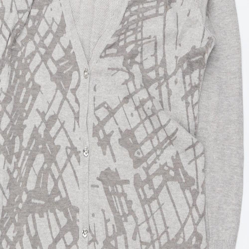 H by Halston Womens Grey V-Neck Geometric Cotton Cardigan Jumper Size L