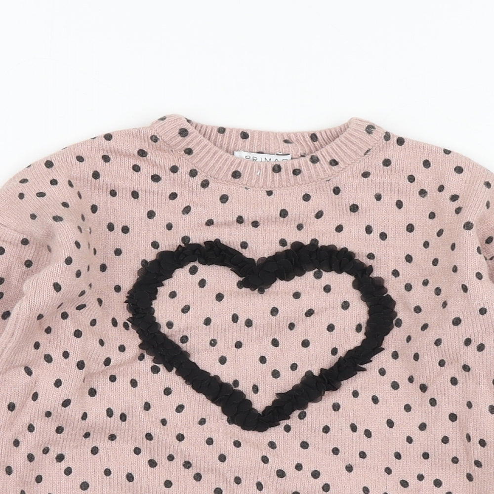 Primark Girls Pink Round Neck Polka Dot Viscose Pullover Jumper Size 5-6 Years
