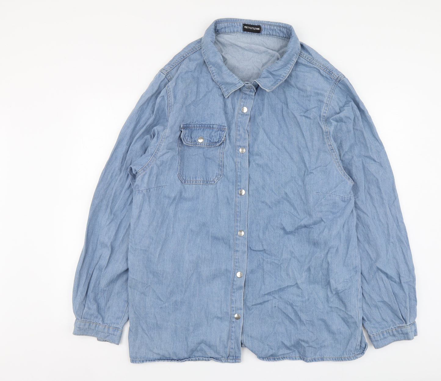 PRETTYLITTLETHING Womens Blue Cotton Basic Button-Up Size 18 Collared