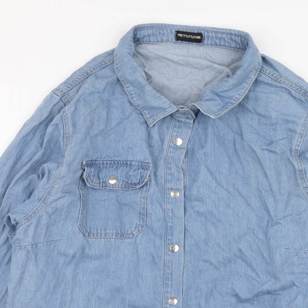 PRETTYLITTLETHING Womens Blue Cotton Basic Button-Up Size 18 Collared