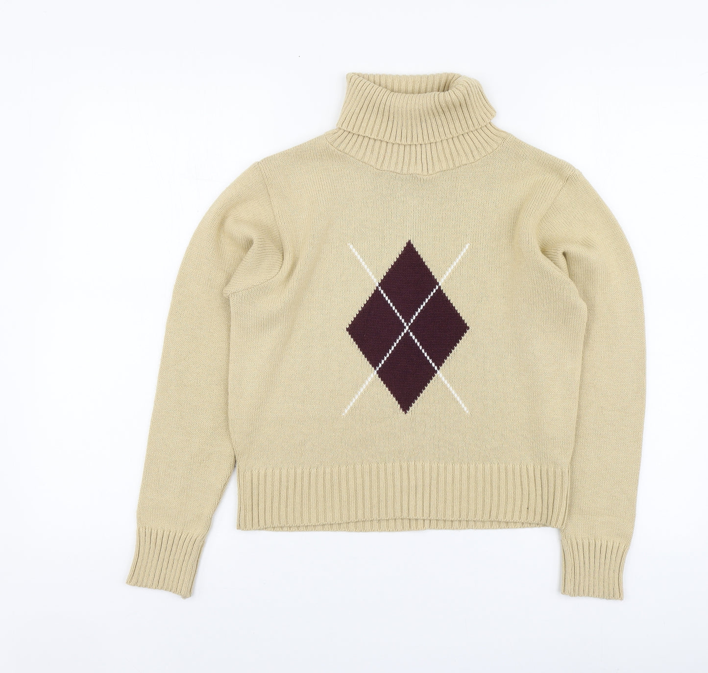 Bay Womens Beige Roll Neck Argyle/Diamond Acrylic Pullover Jumper Size 10