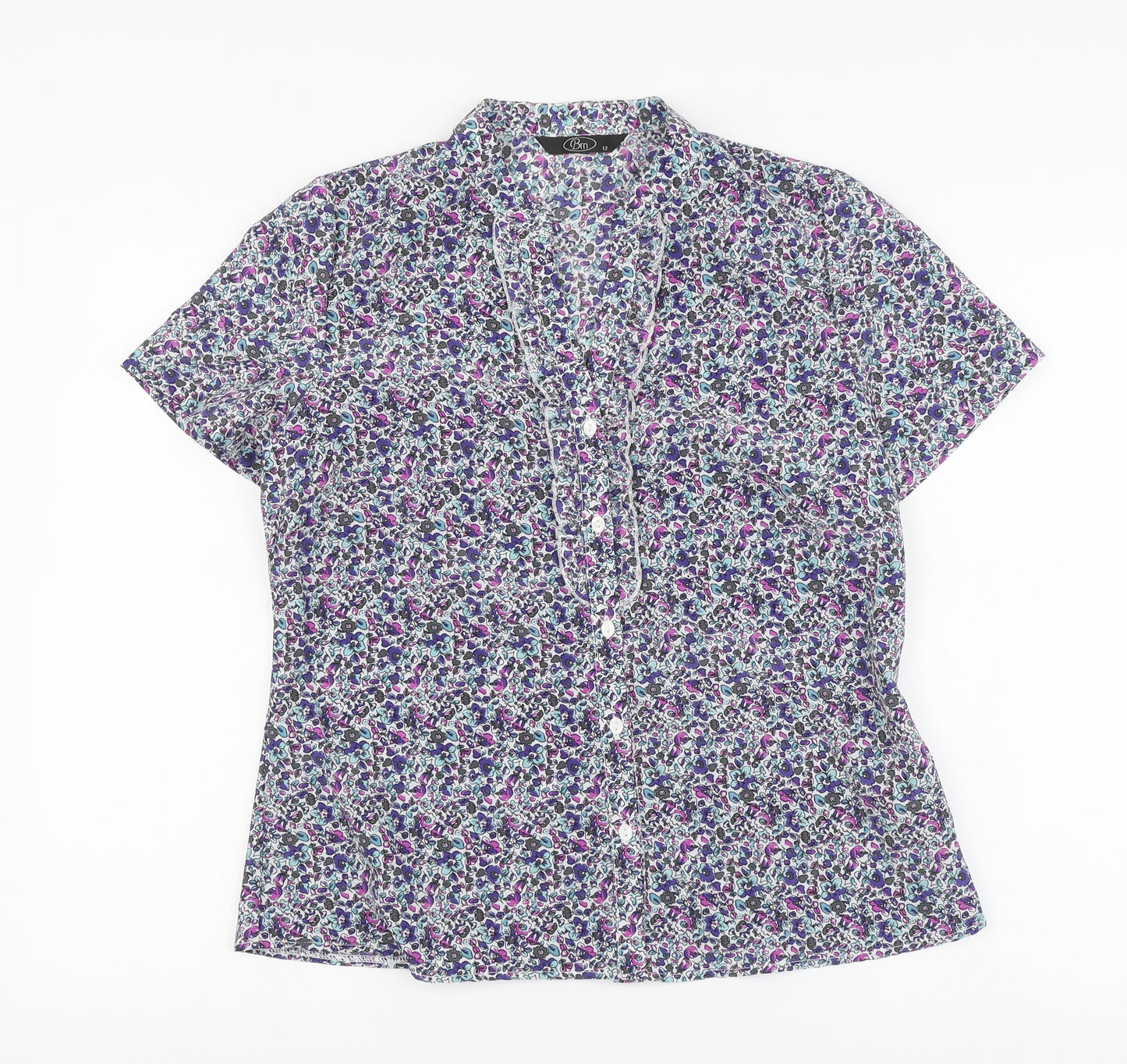 BM Womens Purple Floral Polyester Basic Button-Up Size 12 V-Neck