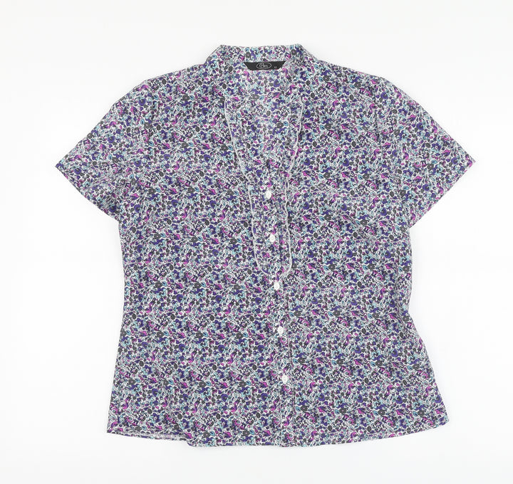 BM Womens Purple Floral Polyester Basic Button-Up Size 12 V-Neck