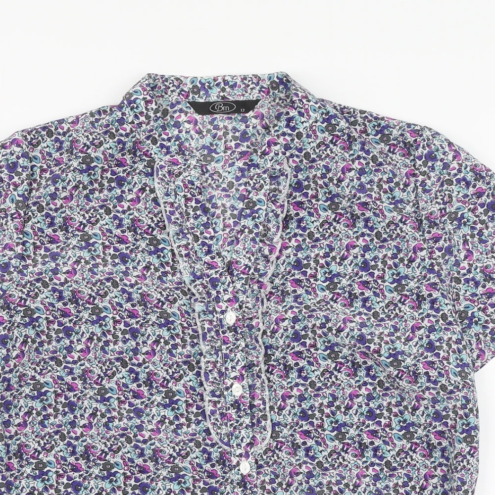 BM Womens Purple Floral Polyester Basic Button-Up Size 12 V-Neck