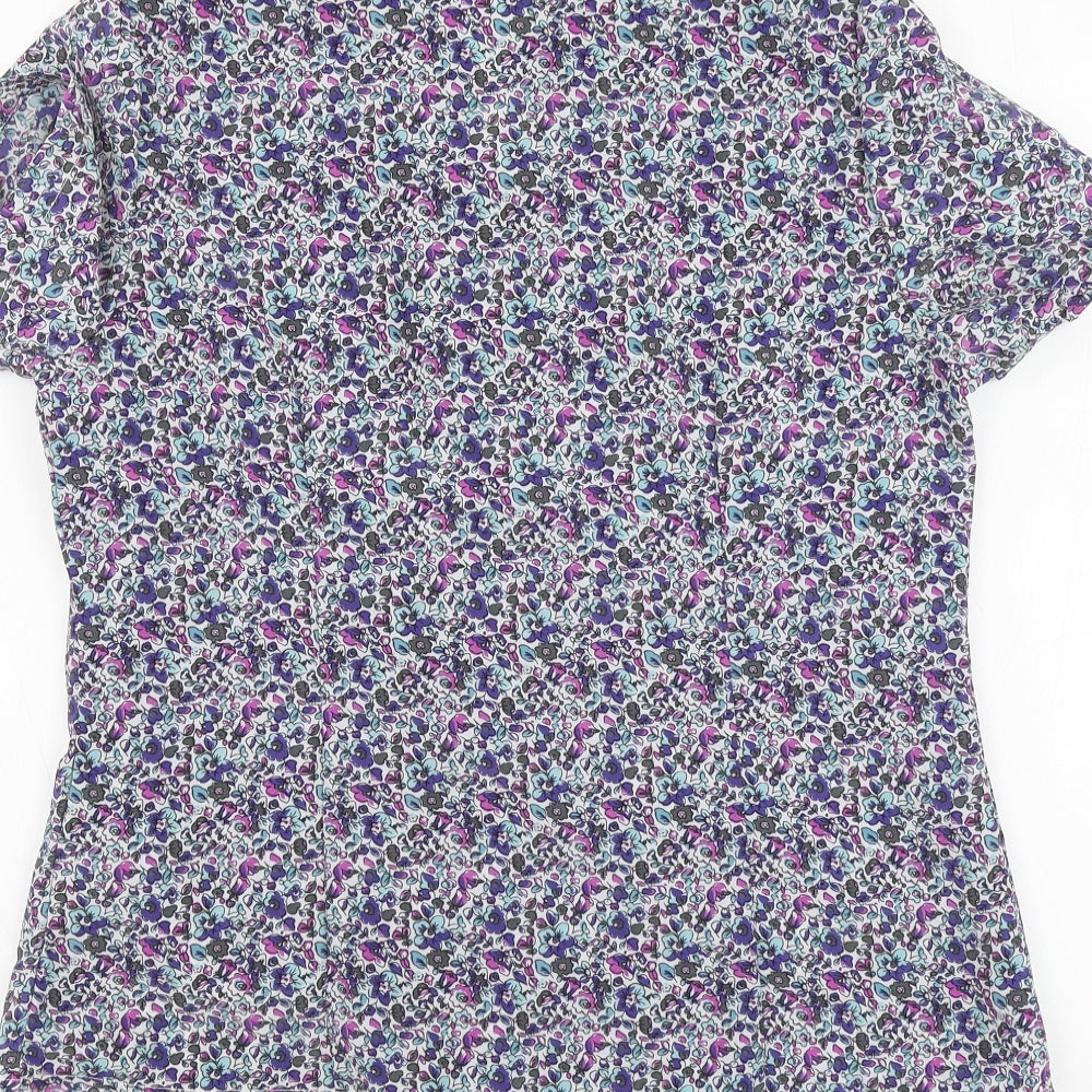 BM Womens Purple Floral Polyester Basic Button-Up Size 12 V-Neck