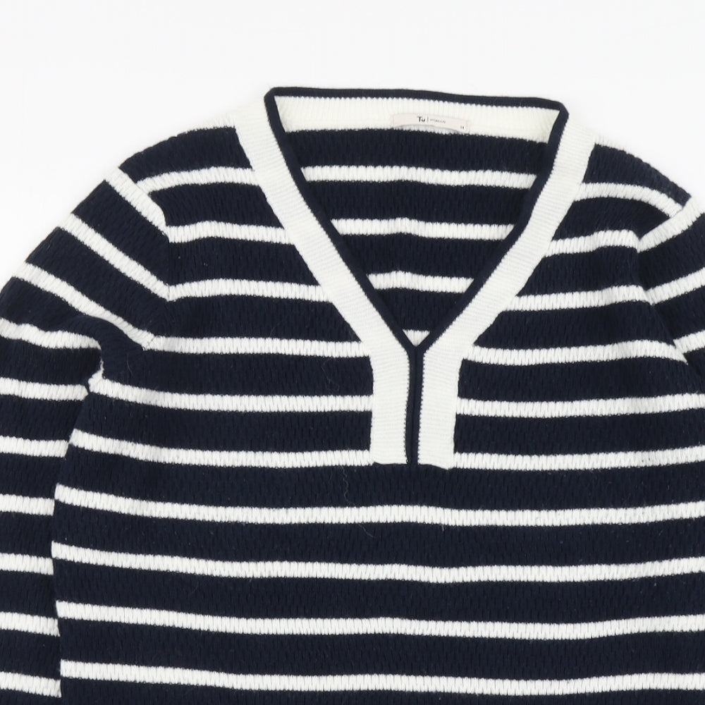 TU Womens Blue V-Neck Striped Acrylic Pullover Jumper Size 14