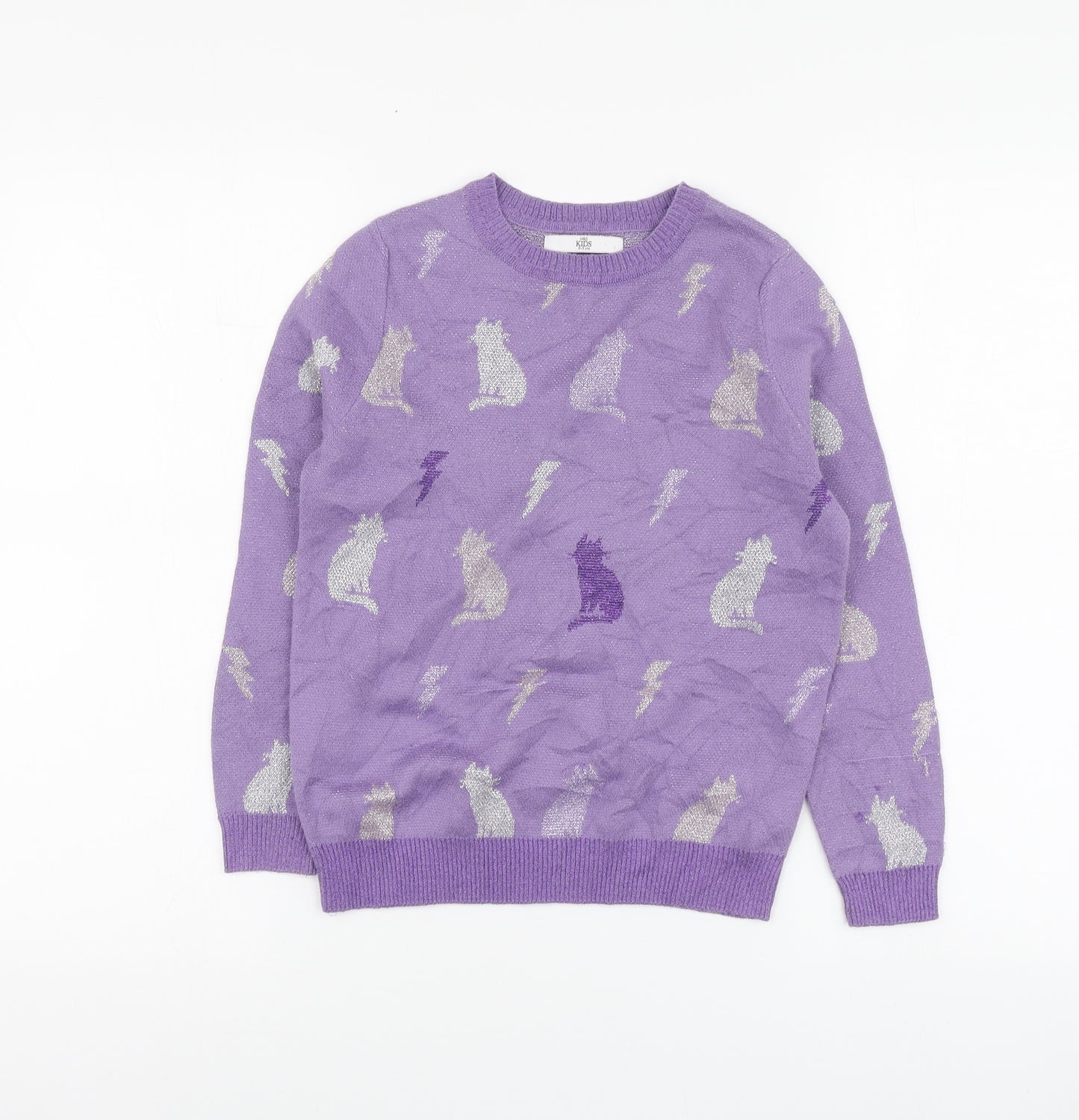 Marks and Spencer Girls Purple Round Neck Geometric Cotton Pullover Jumper Size 8-9 Years